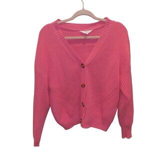 Small Hot Pink Button‑Front Cardigan — Cozy Knit, Oversized Fit